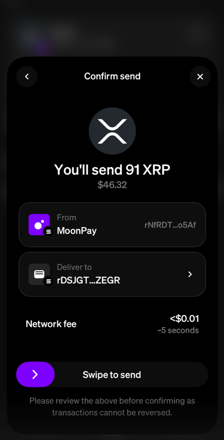 A screenshot of an XRP send transaction in the MoonPay app